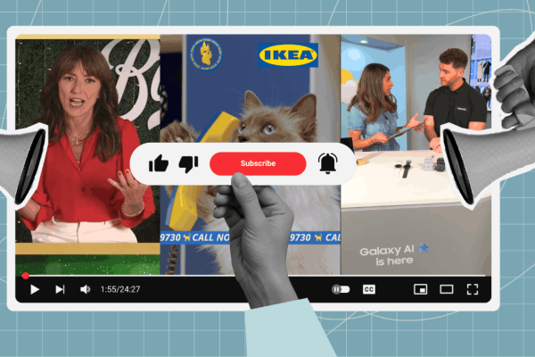 A colleague made up of two hands on the left and right corners holding megaphones over a YouTube screening showing three images od Dvaina McCall, Ikea and a Galaxy Ai ad